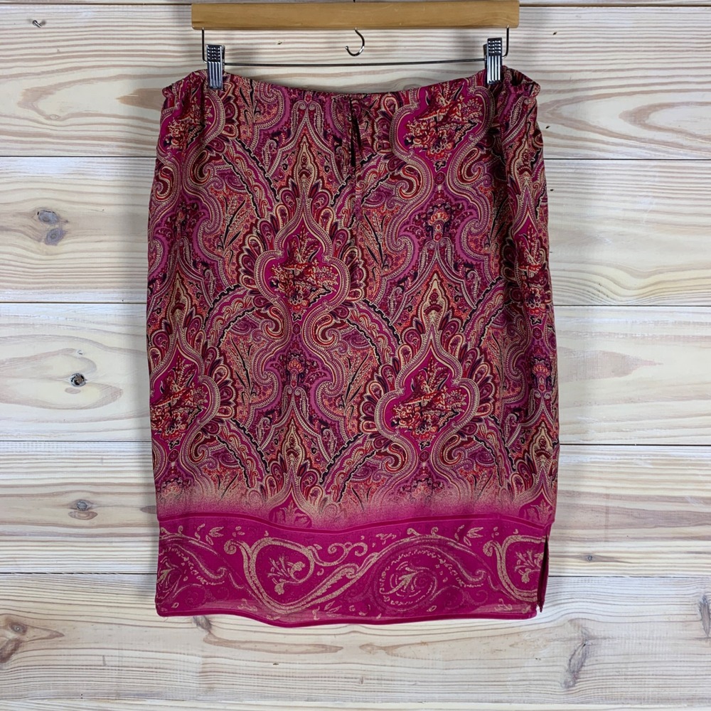 Valerie Stevens Silk Skirt Womens Large Pink Paisley Elastic‎ Waist Knee Length